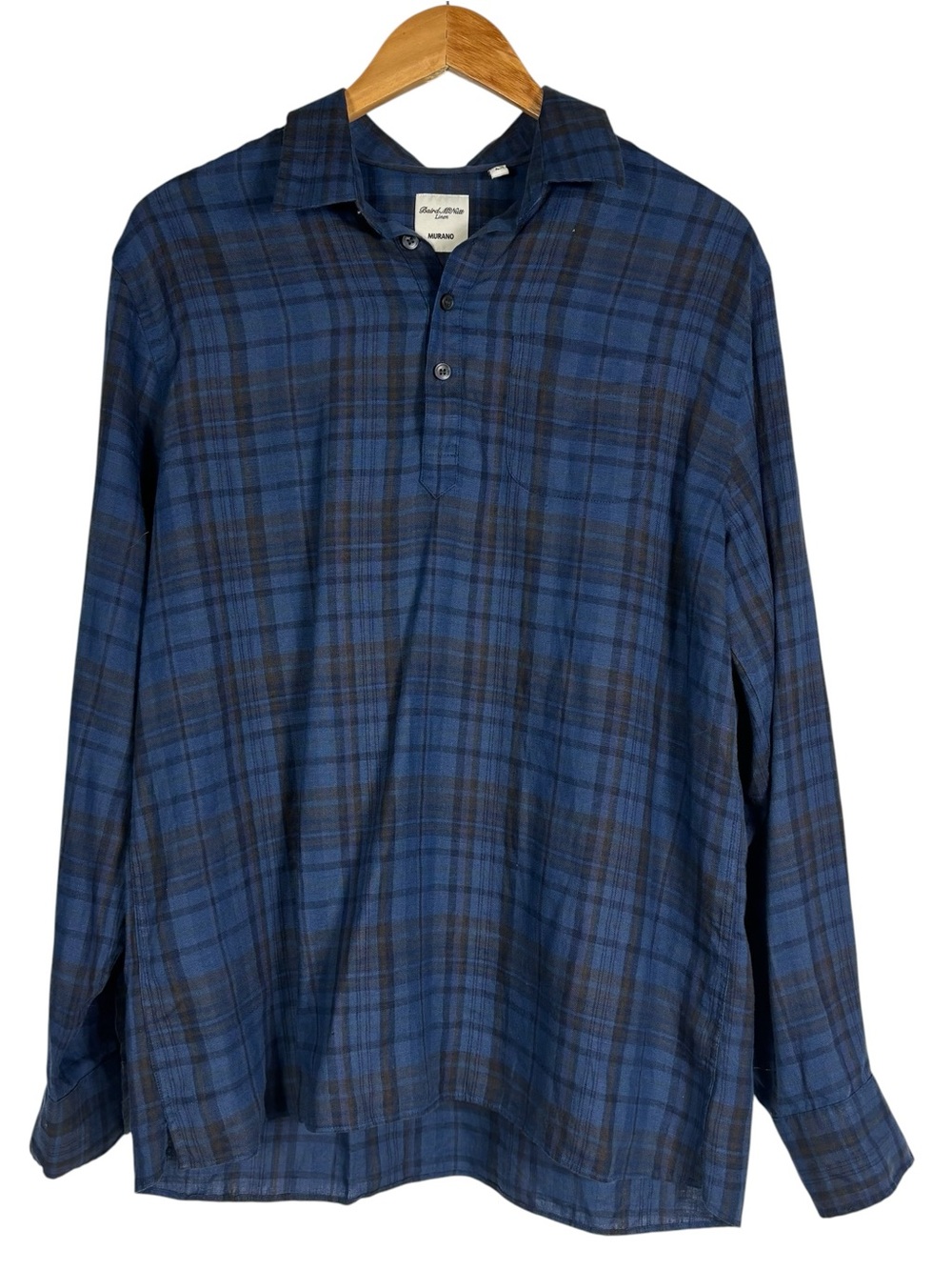 Baird McNutt Murano Linen Blue Plaid Long Sleeve Popover Shirt Men's M